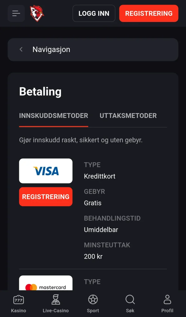 Kassen med betalingsmetoder
