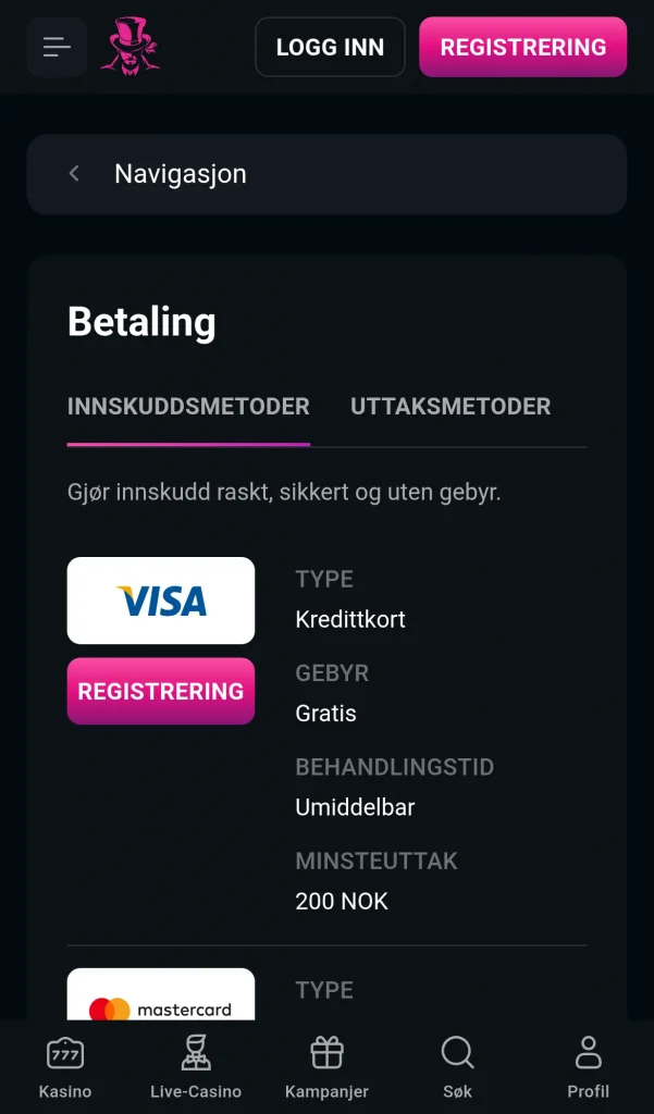 Kassen med betalingsmetoder