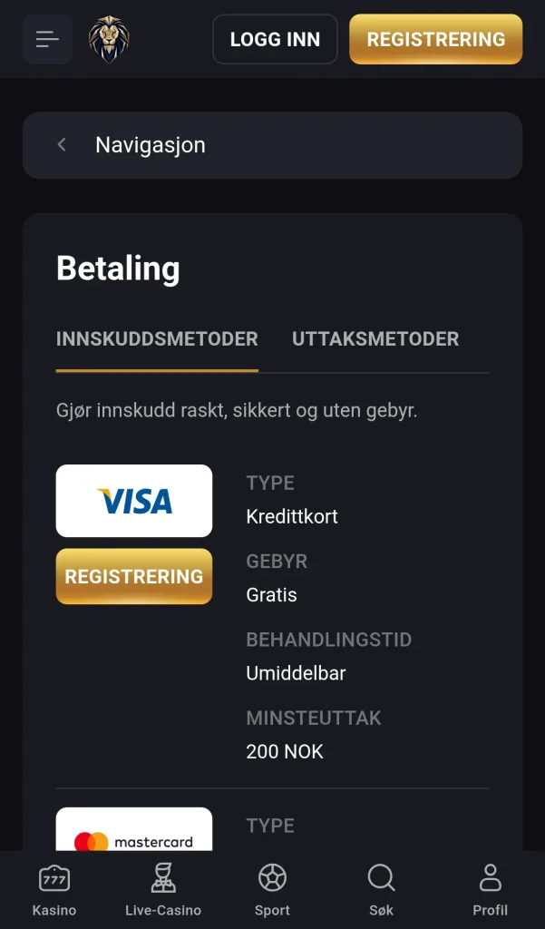Kassen med betalingsmetoder