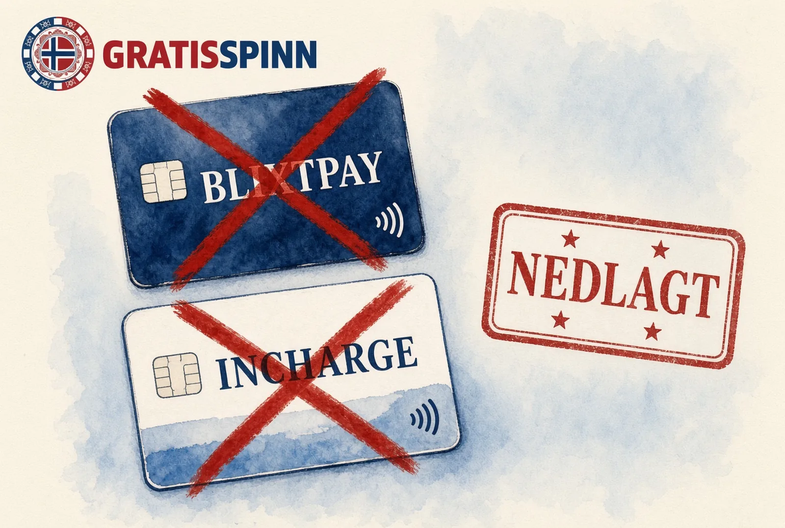 Blixtpay- og InCharge-kort krysset ut, ved siden av et stempel med ordet NEDLAGT