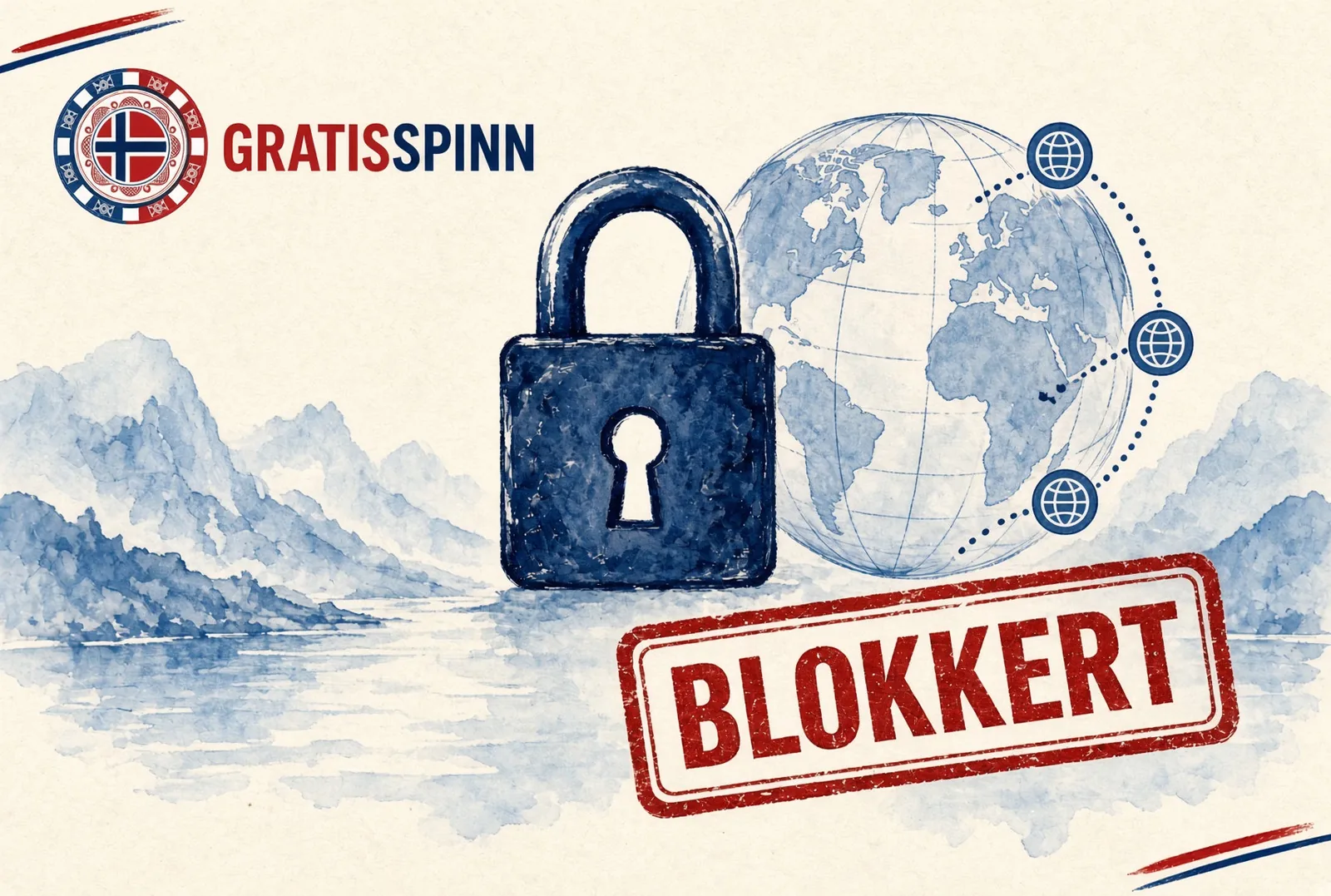 Hengelås foran en klode med nettverkspunkter og stempelet BLOKKERT — DNS-blokkering av pengespillsider