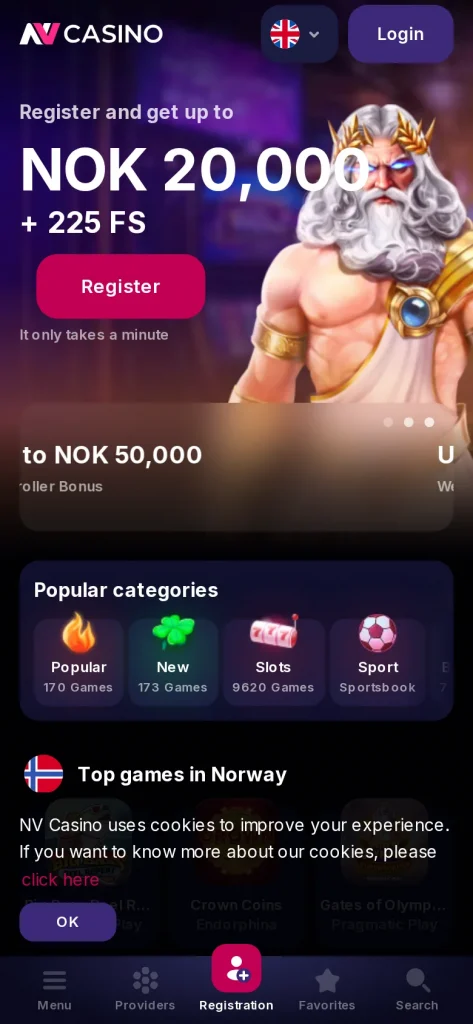 Forsiden til NV Casino på mobil: velkomsttilbud markedsført i norske kroner
