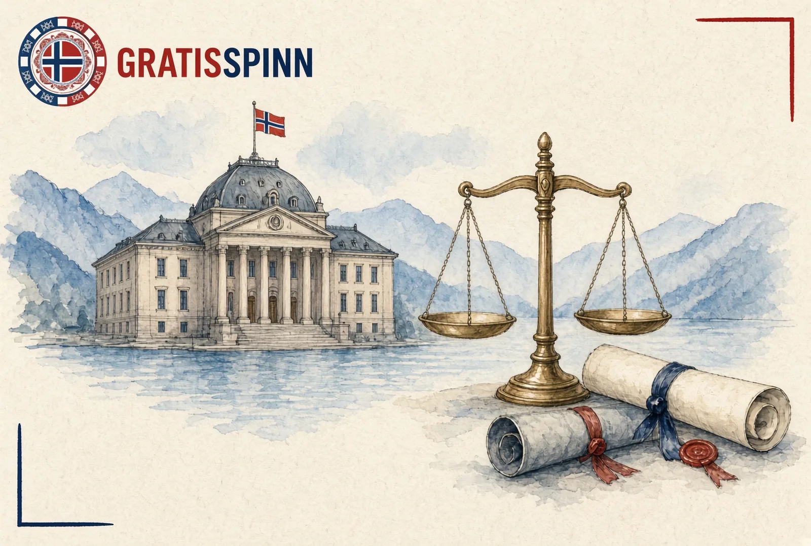 Stortingsbygning med norsk flagg, en vektskål i balanse og to forseglede dokumenter — debatten om enerettsmodell mot lisensmodell