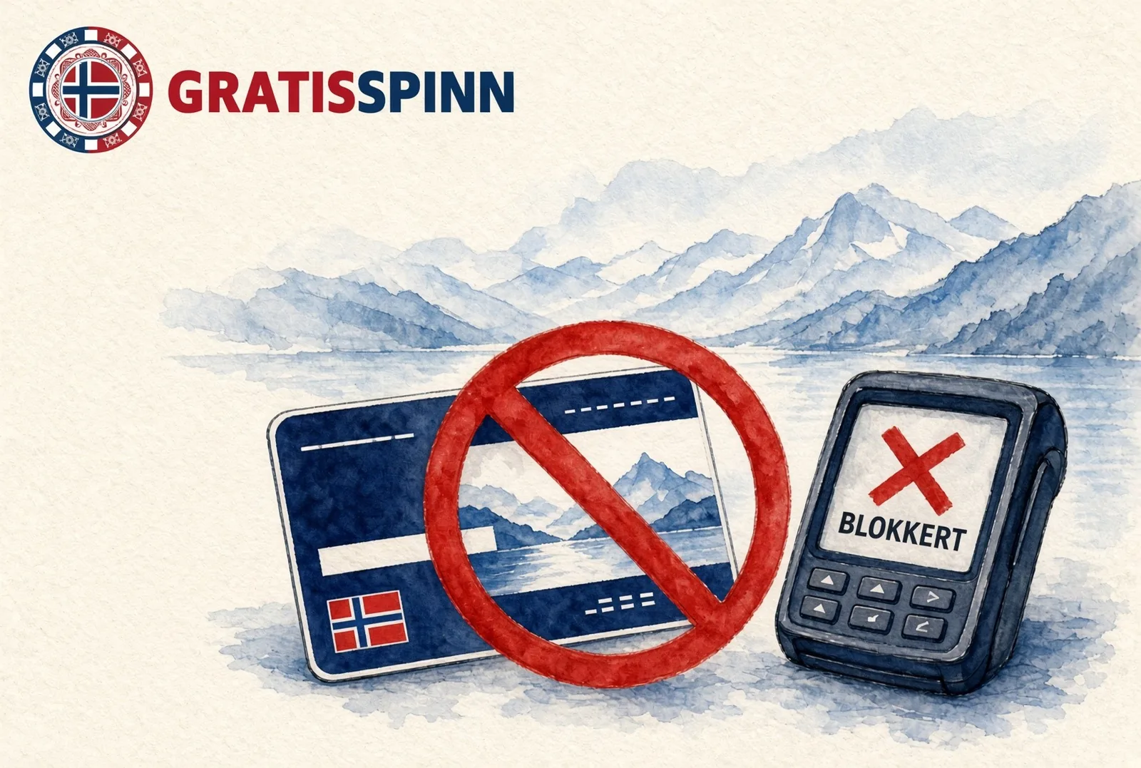 Bankkort med norsk flagg bak et rødt forbudsskilt, ved siden av en betalingsterminal som viser BLOKKERT