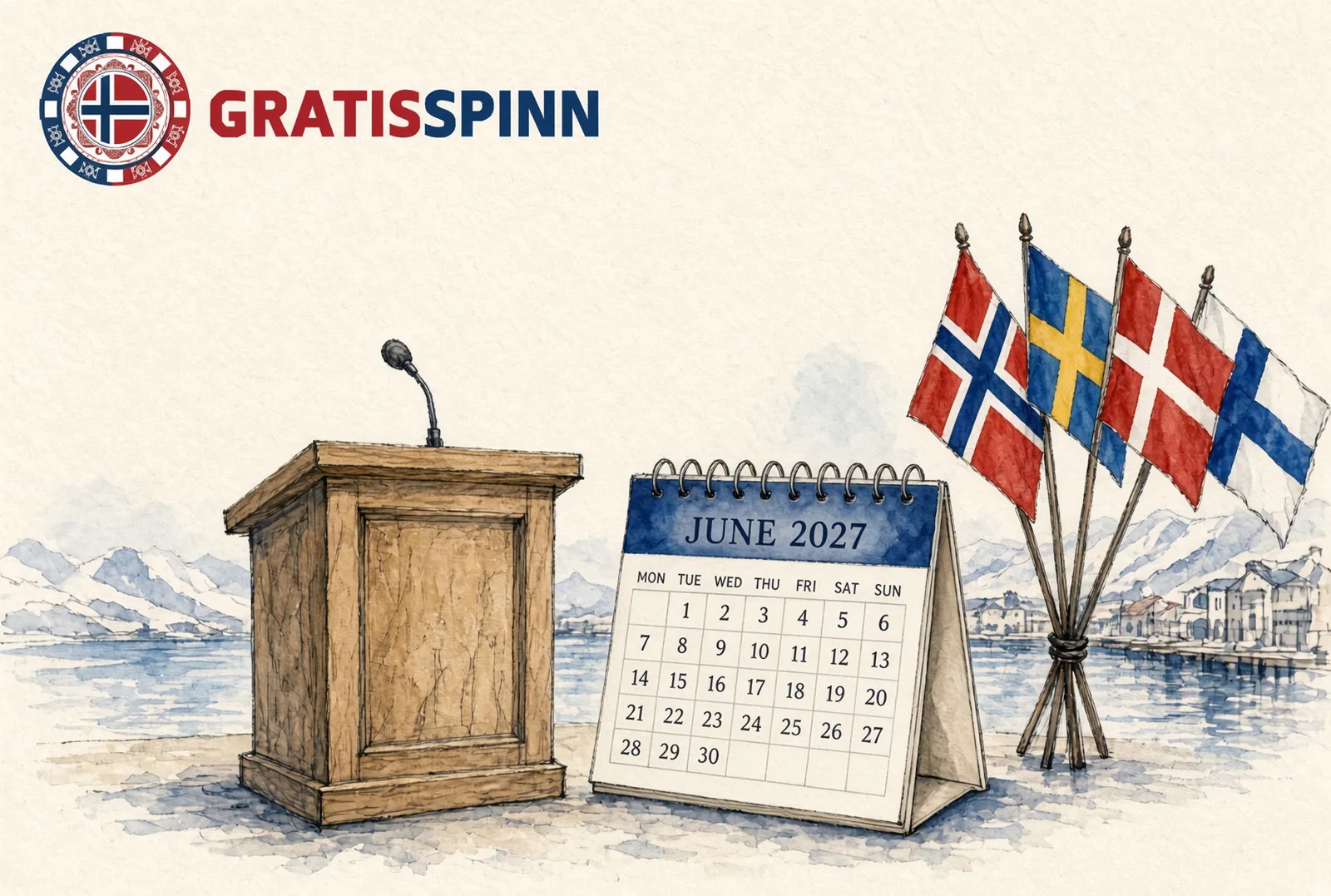 Talerstol, bordkalender for juni 2027 og flaggene til Norge, Sverige, Danmark og Finland