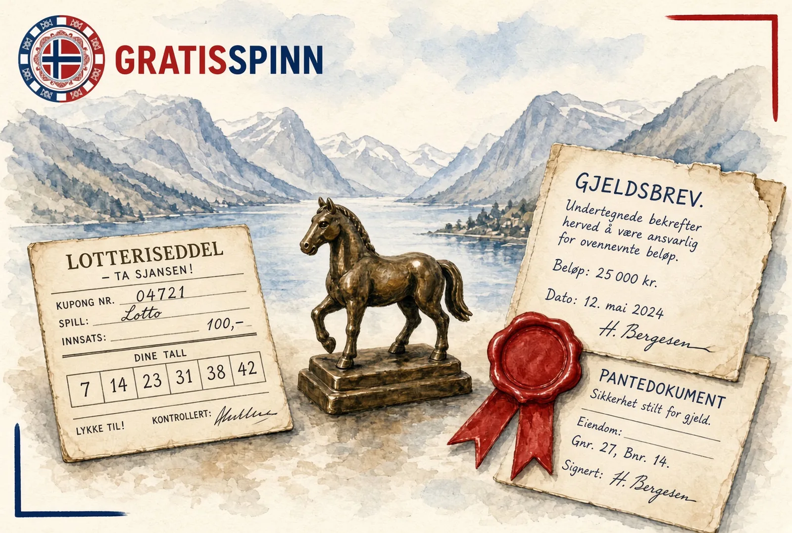 Lottokupong og en bronsehest side om side foran en fjord — Norsk Tipping og Norsk Rikstoto foreslås slått sammen