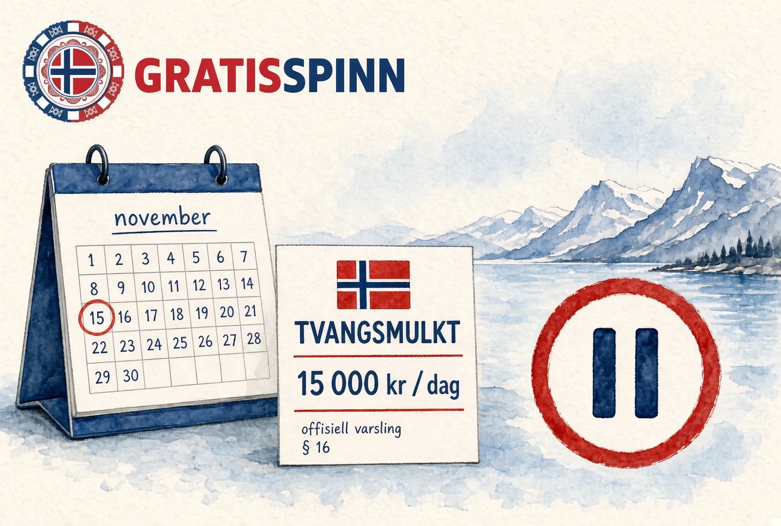 Kalender med 15. november ringet inn ved siden av et skilt om tvangsmulkt på 15 000 kroner per dag og et pausesymbol