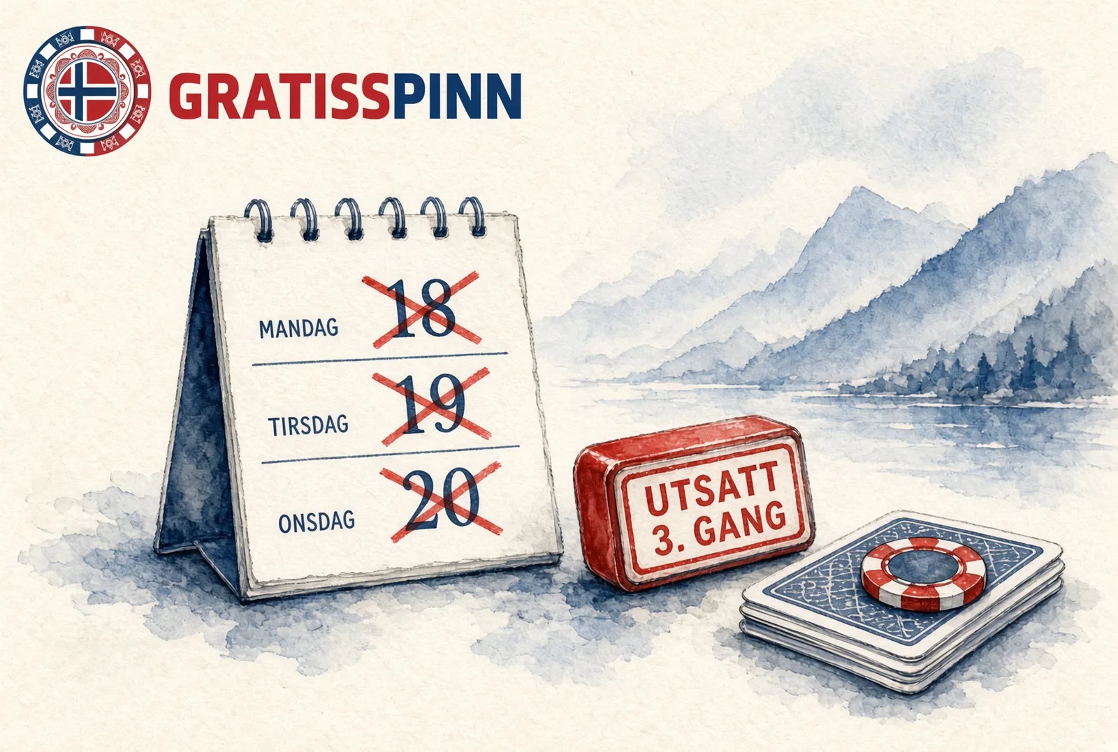 Bordkalender med tre datoer strøket ut og et stempel som sier utsatt for tredje gang — høringen om norsk nettpoker