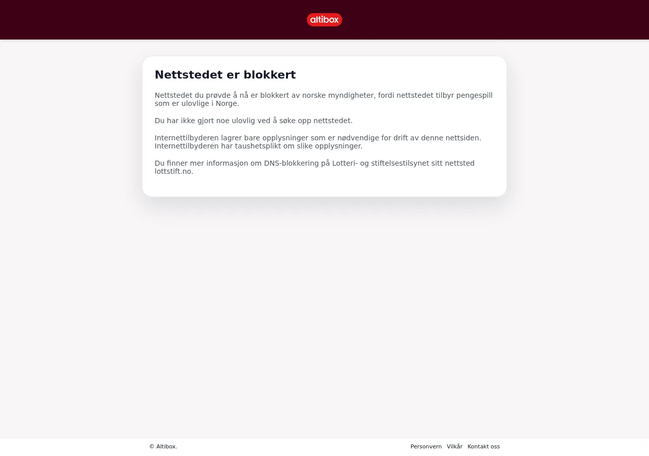 Skjermbilde av Altibox-sperresiden 15. oktober 2026. Standardteksten fra Lotteritilsynet, logo og tre lenker i bunnen, ingen Hjelpelinjen.