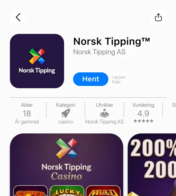 Nettside som etterligner App Store, med appen «Norsk Tipping™» og «Norsk Tipping AS» oppgitt som utvikler