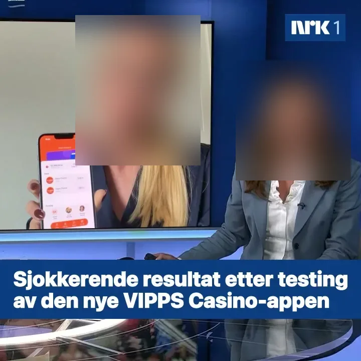 Annonsebilde med NRK1-logo, studio og teksten «Sjokkerende resultat etter testing av den nye VIPPS Casino-appen», ansiktene sladdet