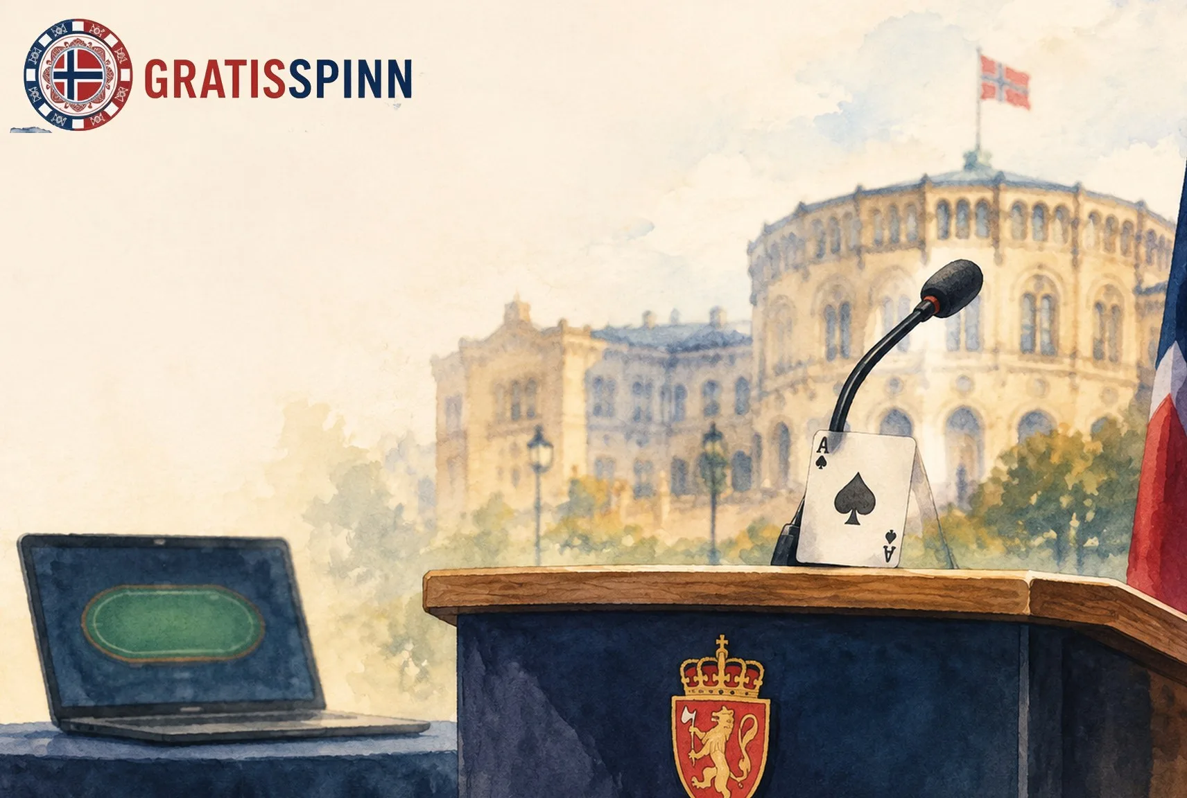 Akvarell: talerstol med riksvåpen og spar ess foran Stortinget
