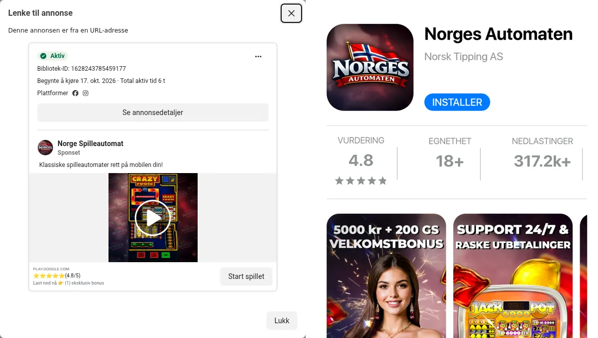 Til venstre en Facebook-annonse fra siden Norge Spilleautomat, til høyre en appside «Norges Automaten» med Norsk Tipping AS som utvikler