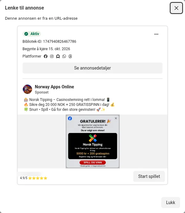 Facebook-annonse fra siden Norway Apps Online med Norsk Tipping-logo og teksten «GRATULERER! Du er valgt som vinner!»