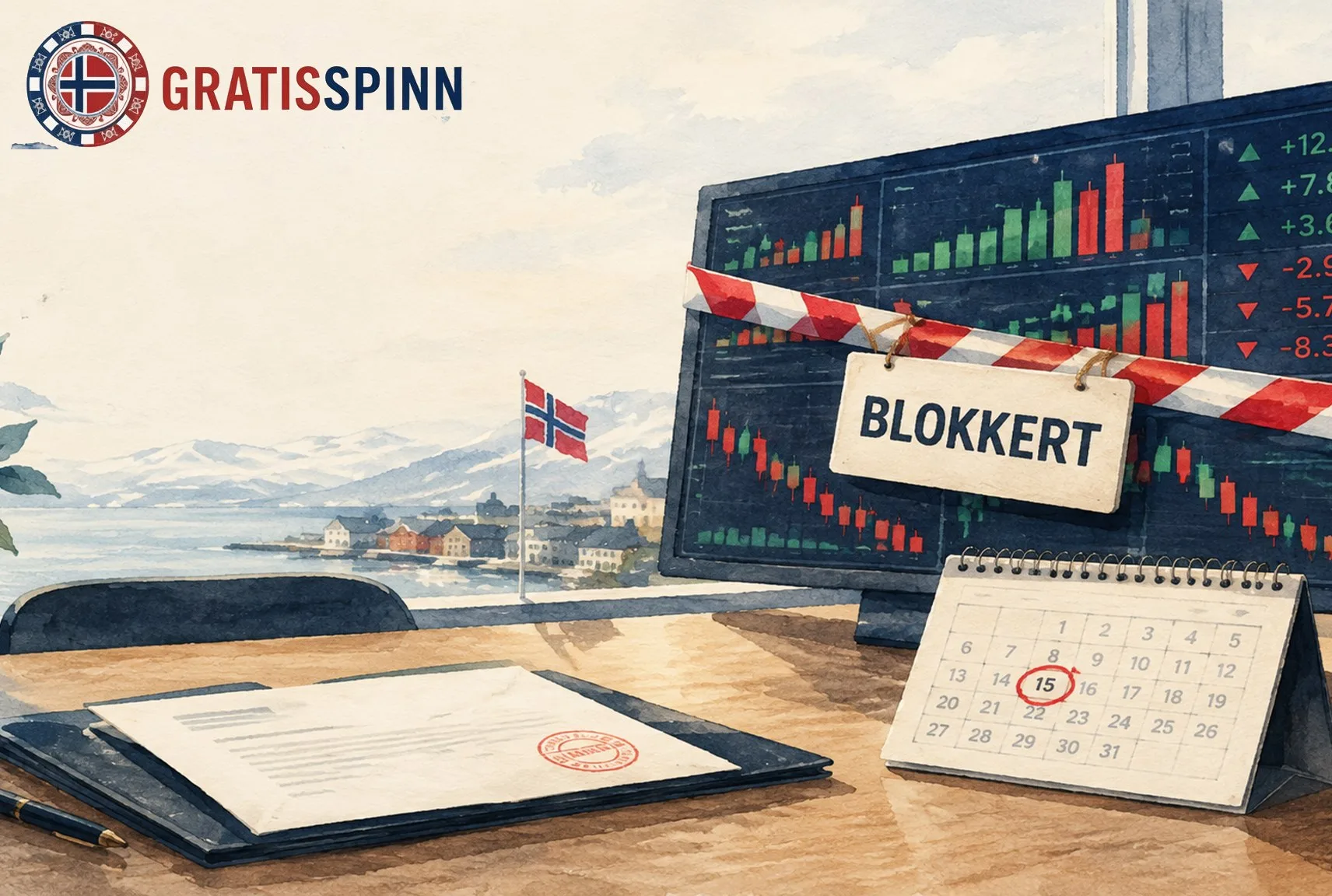 Akvarell: skjerm med kurssøyler sperret med rød-hvitt bånd og skiltet «BLOKKERT», kalender med 15. oktober markert