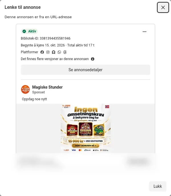 Facebook-annonse fra siden Magiske Stunder for «Vipps Slots» med teksten «Ingen omsetningskrav» og BankID-logo